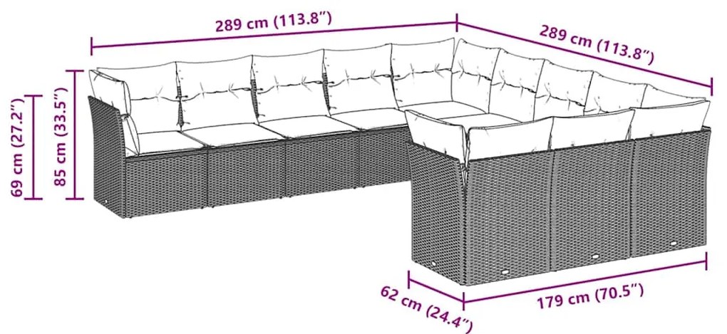 11 pcs conjunto sofás de jardim c/ almofadões vime PE cinzento