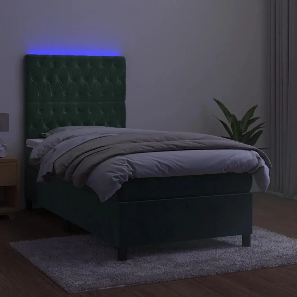 Cama box spring c/ colchão/LED 80x200 cm veludo verde-escuro