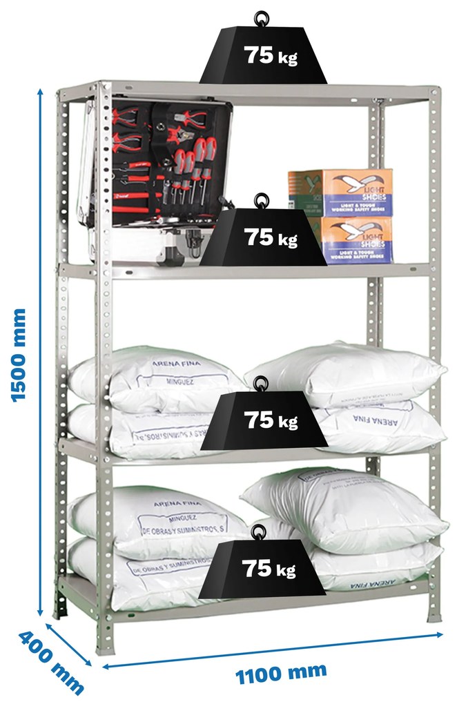 Estante com 4 Prateleiras METÁLICA ADVANTAGE SUPERPLUS 4/400 1500 CINZENTA Casa, Escritório, Garagem, Despensa, Sotão Capacidade P/ prateleira 75 Kg D