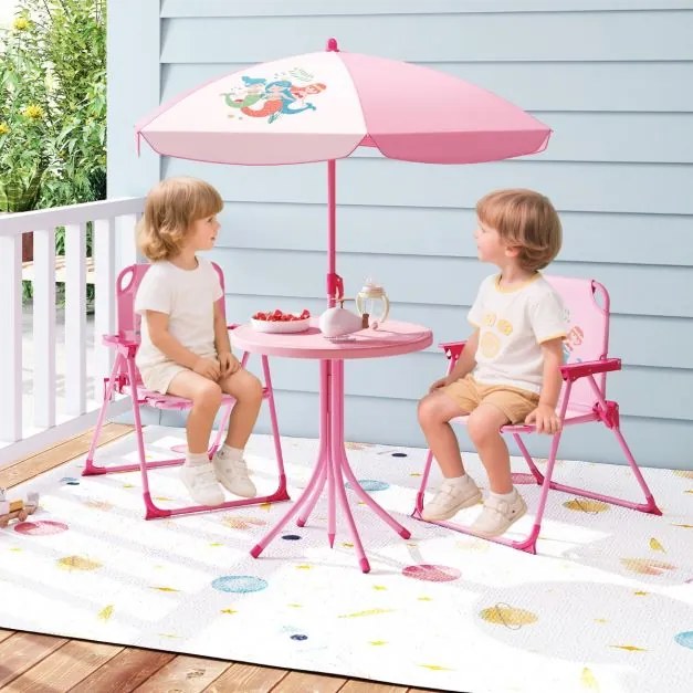 Conjunto de piquenique para crianças 3-6 anos Mesa de atividades ao ar livre com 2 cadeiras dobráveis e guarda-sol ajustável em altura Rosa