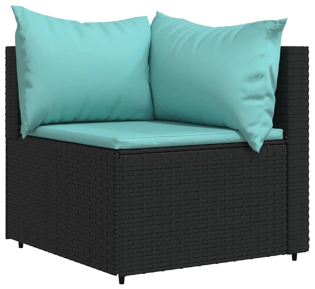 Sofás de canto p/ jardim c/ almofadões 2 pcs vime PE preto