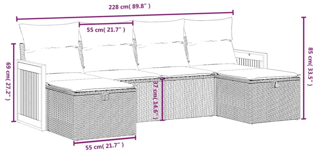 6 pcs conj. sofás jardim c/ almofadões vime PE bege misturado