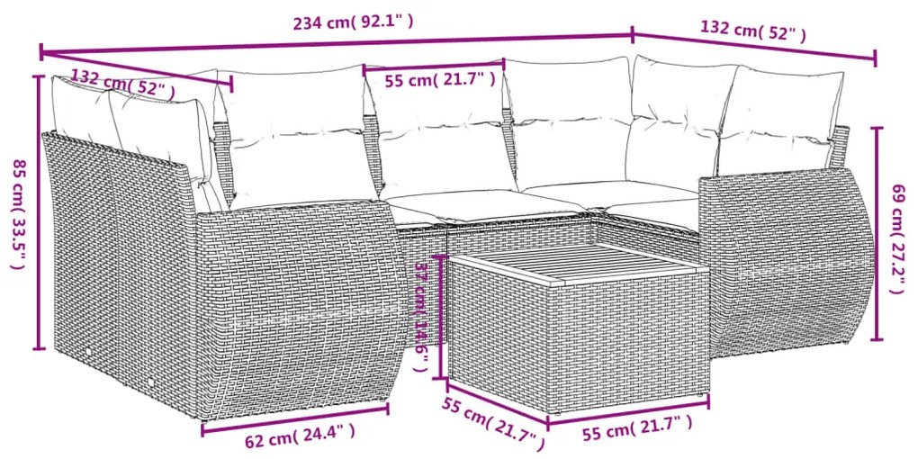 7 pcs conjunto de sofás p/ jardim c/ almofadões vime PE preto