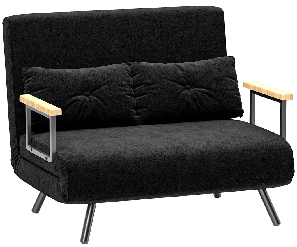 HOMCOM Sofá Cama Sofá Convertível em Cama de 2 Lugares Dobrável com Encosto Ajustável em 5 Níveis e 2 Almofadas 102x73x81 cm Preto