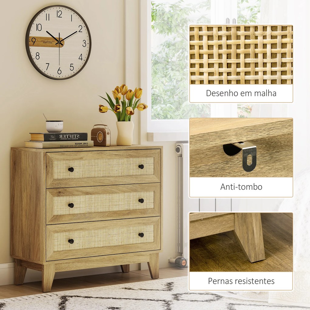 Cómoda com 3 Gavetas Cómoda de Madeira com Gavetas de Vime e Pés Elevados 80x35x76 cm Madeira