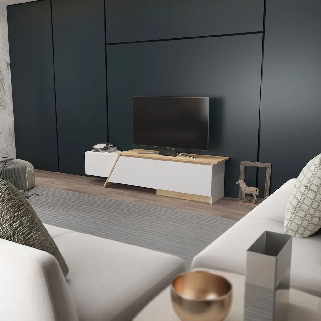 Móvel de TV PRUDENCE – 180x45x35 cm – Bilaminado Branco com Carvalho –