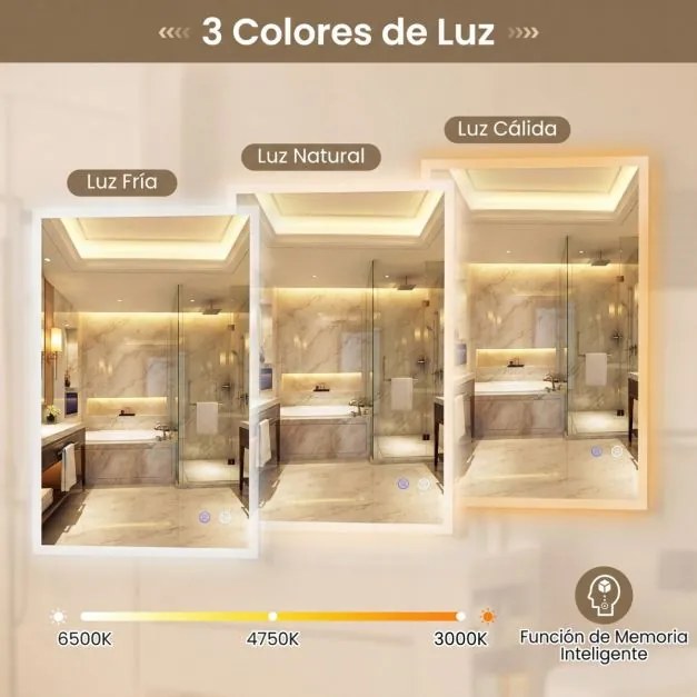 Espelho LED para casa de banho 70 x 50 cm retangular de parede com função antiembaciamento, memória, 3 cores de luz e controlo tátil Prata