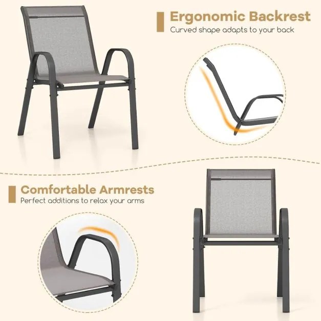 Conjunto de 4 cadeiras de jardim empilháveis Estrutura resistente ao tecido respirável para pátio exterior Praia 55 x 67 x 83 cm Cinzentas