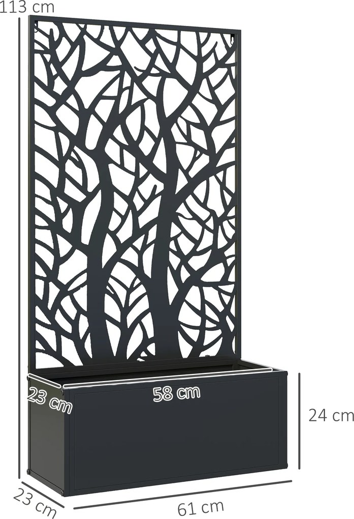 Floreira de Metal com Ecrã de Privacidade com Ramos Decorativos Floreira de Parede ou Independente 61x23x113 cm Preto
