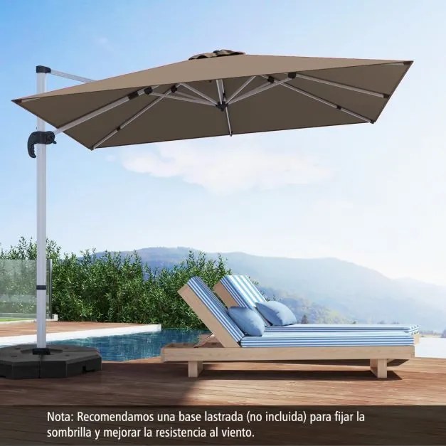 Guarda-sol de alumínio de 3 m quadrado com rotação de 360° e inclinação ajustável à prova de vento para jardim, piscina e terraço Castanho