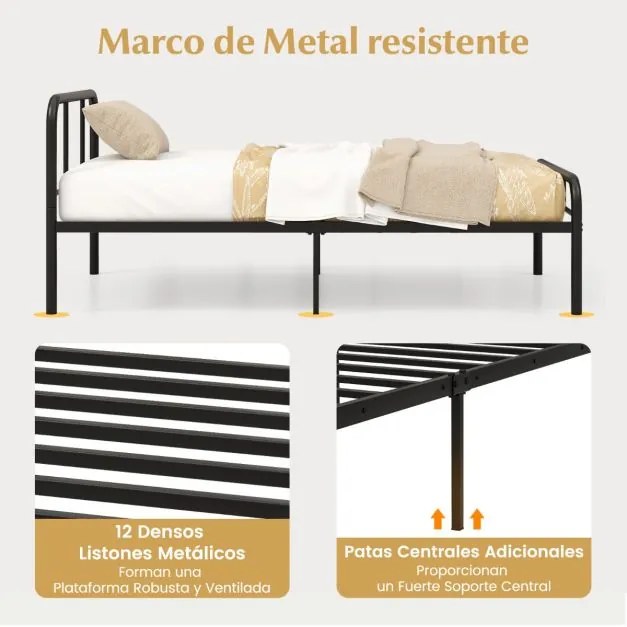 Cama 208 x 95 x 81 cm Estrutura metálica (COLCHÃO NÃO INCLUIDO) com cabeceira e pés Espaço inferior Preto