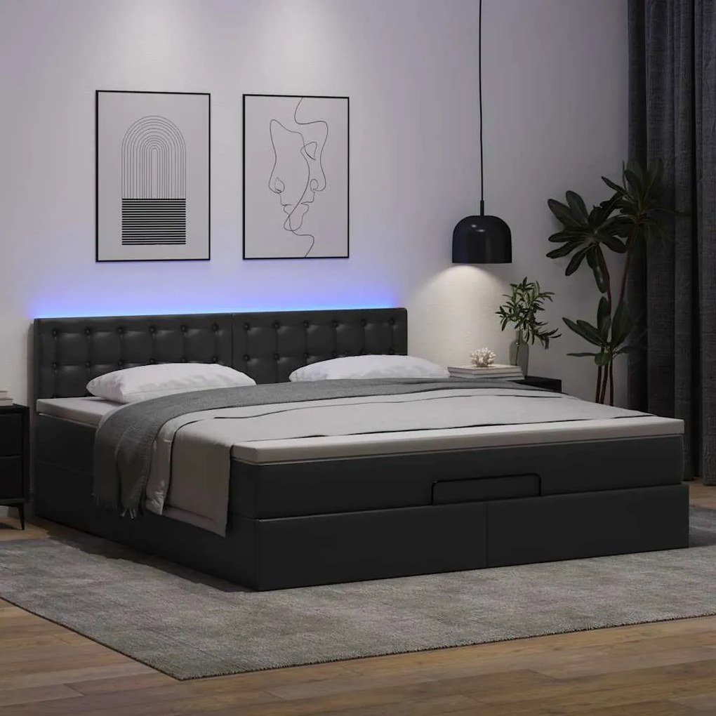 Cama otomana com colchões&amp;LEDs 160x200cm couro artificial preto