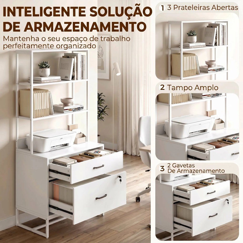 Arquivador com Prateleiras Móvel de Escritório com Prateleiras Gaveta para Arquivos A4 e Carta e Suporte para Impressora 70x40x157 cm Branco