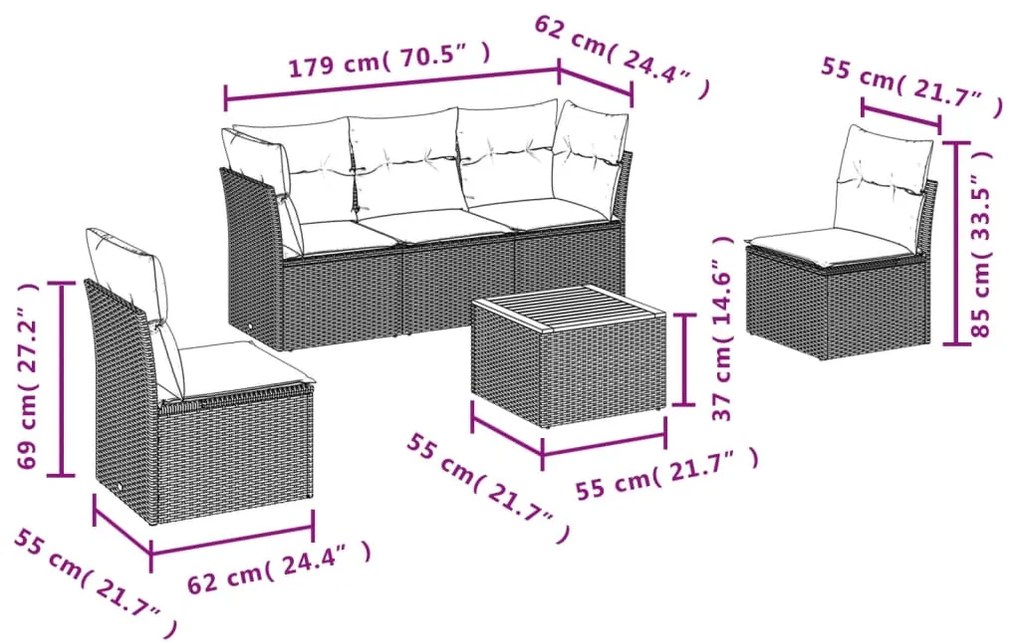 6 pcs conjunto de sofás p/ jardim com almofadões vime PE bege