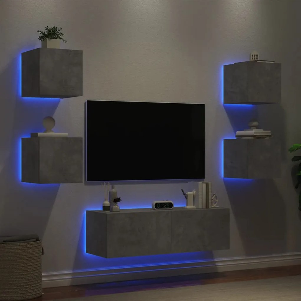 5 pcs móveis de parede para TV com luzes LED cinzento cimento
