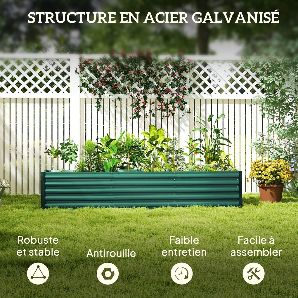 Floreira de horta elevada em aço galvanizado 240 x 40 x 45 cm, com barras de suporte e placas de canto, fundo aberto, verde