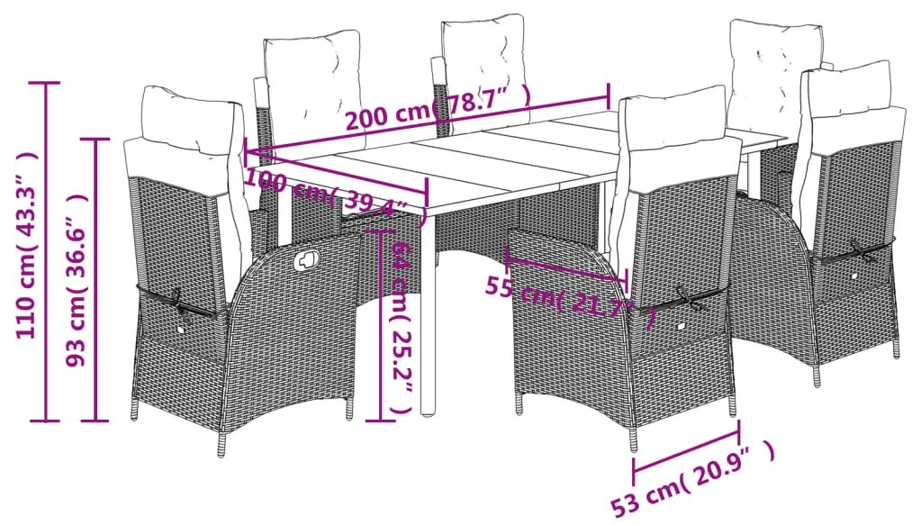 7 pcs conjunto de jantar p/ jardim com almofadões vime PE bege