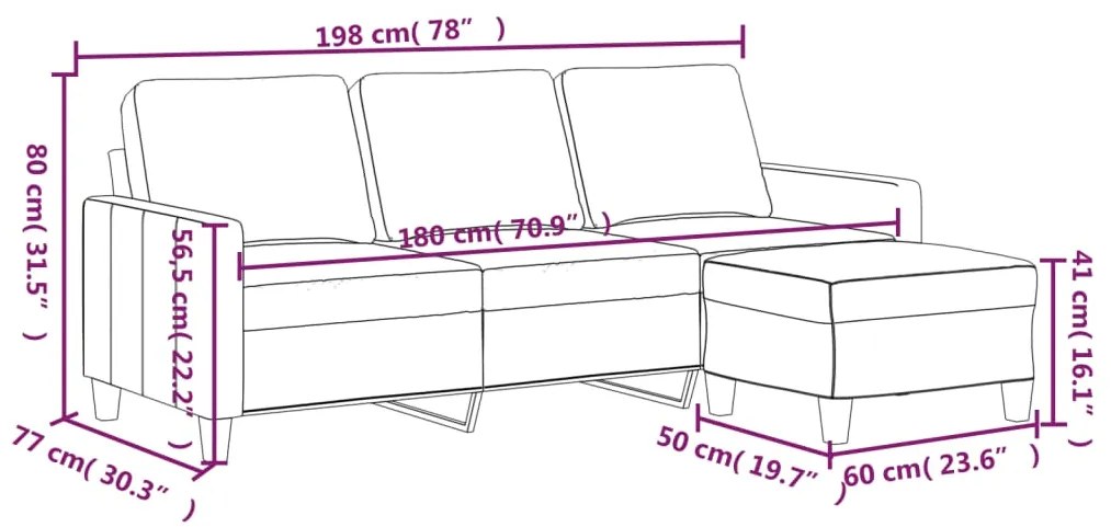 Sofá 3 lugares c/ apoio pés 180 cm couro artificial cor creme