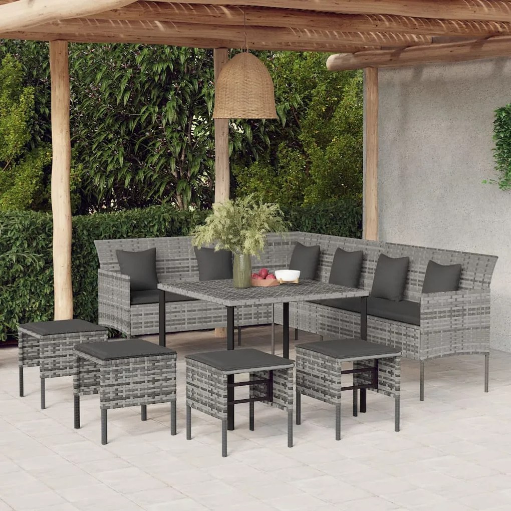 6 pcs conjunto de jantar p/ jardim c/ almofadões vime PE cinza