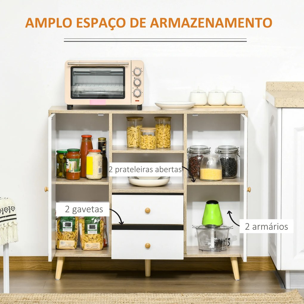 HOMCOM Aparador de Sala de Estar com 2 Portas 2 Gavetas e 2 Prateleiras Abertas Móvel Auxiliar de Armazenamento para Cozinha Entrada 100x30x85cm Branco e Natural