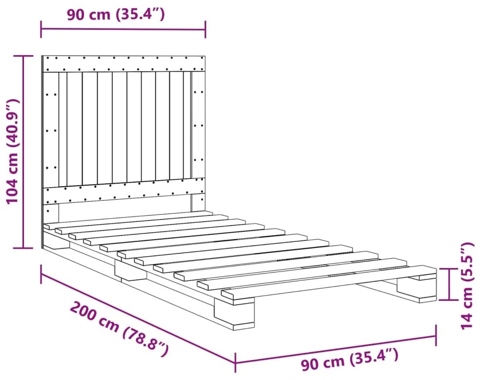 Estrutura de cama com cabeceira 90x200 cm pinho maciço cinzento