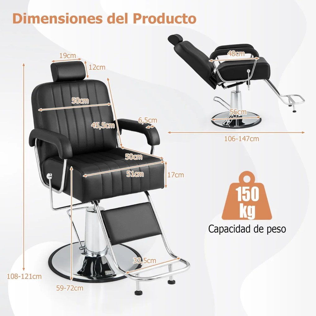 Cadeira de cabeleiro, barbeiro 108-121 cm com apoio de cabeça giratório de 360° Encosto reclinável e regulação da altura Carga 150 kg Preto