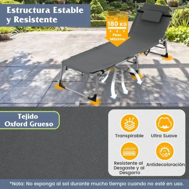Espreguiçadeira de jardim dobrável com 5 posições Encosto Ajustável Apoio para os pés Orifício para o rosto ajustável Almofada amovível Cinzenta