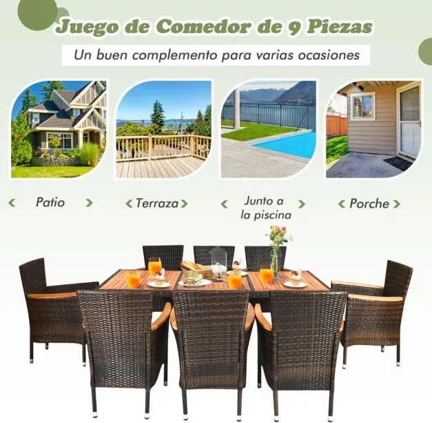 Conjunto de Jardim de 9 peças para 8 pessoas com tampo de mesa em acácia e almofadas amovíveis Castanho