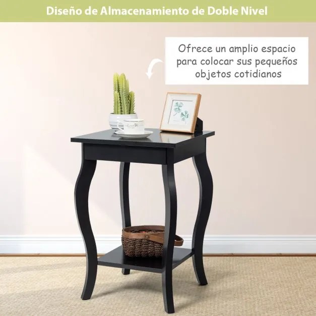 Mesa de cabeceira de 2 níveis com pernas curvas Mesas de apoio para quarto e sala de estar 40 x 40 x 60 cm Preto