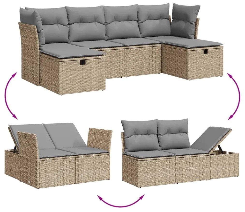 6 pcs conj. sofás jardim c/ almofadões vime PE bege misturado
