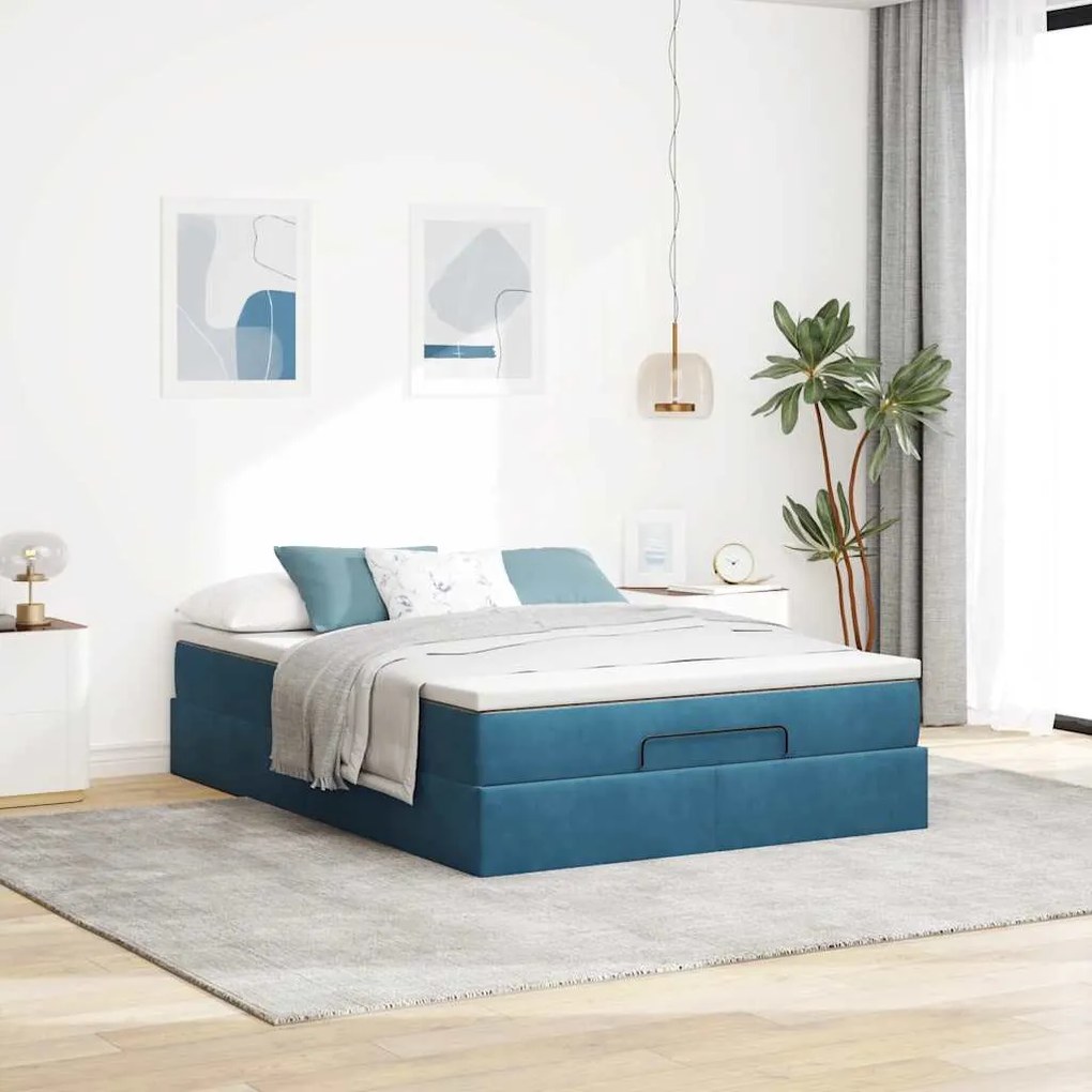Estrutura de cama otomana com colchão 140x200 cm azul escuro