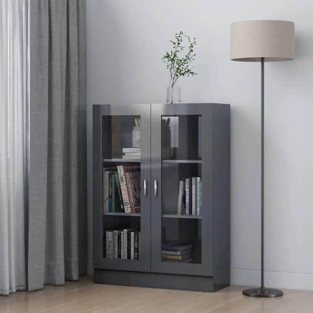802758 vidaXL Armário vitrine 82,5x30,5x115 cm contraplacado cinza brilhante