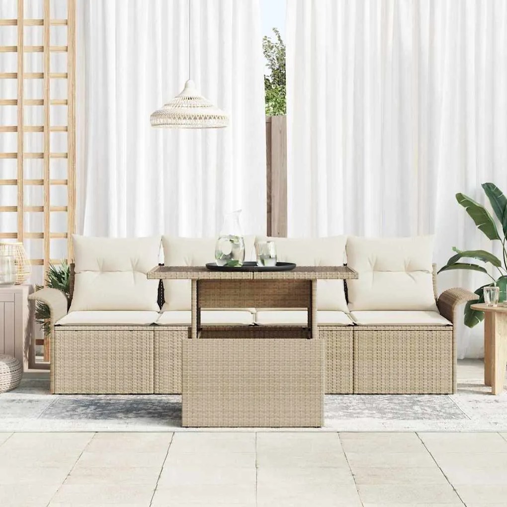 Conjunto de Sofá para Jardim com 5 Peças e Almofadas Bege de Rattan Po