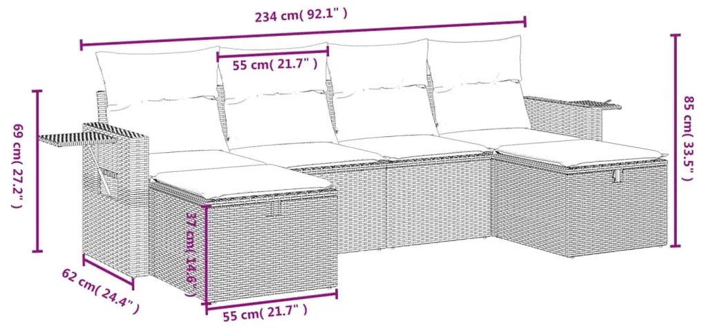 6 pcs conj. sofás jardim c/ almofadões vime PE bege misturado