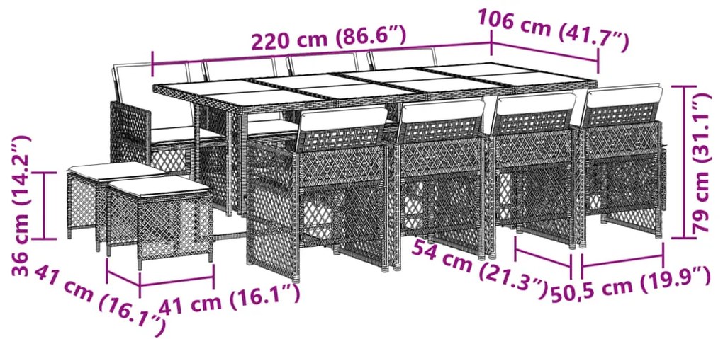 13 pcs conjunto de jantar p/ jardim com almofadões vime PE bege