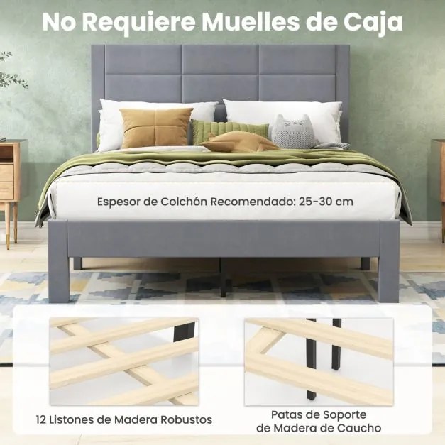Estrutura de cama 211 x 141 x 109 cm com cabeceira acolchoada (COLCHÃO NÃO INCLUIDO), estrado de ripas de madeira cinza
