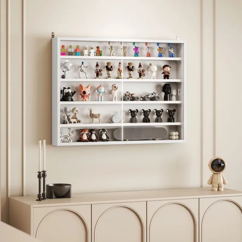 Vitrine de parede para objetos de coleção 80 x 9,5 x 60 cm,, com 4 prateleiras ajustáveis em altura e 2 portas de correr, branca