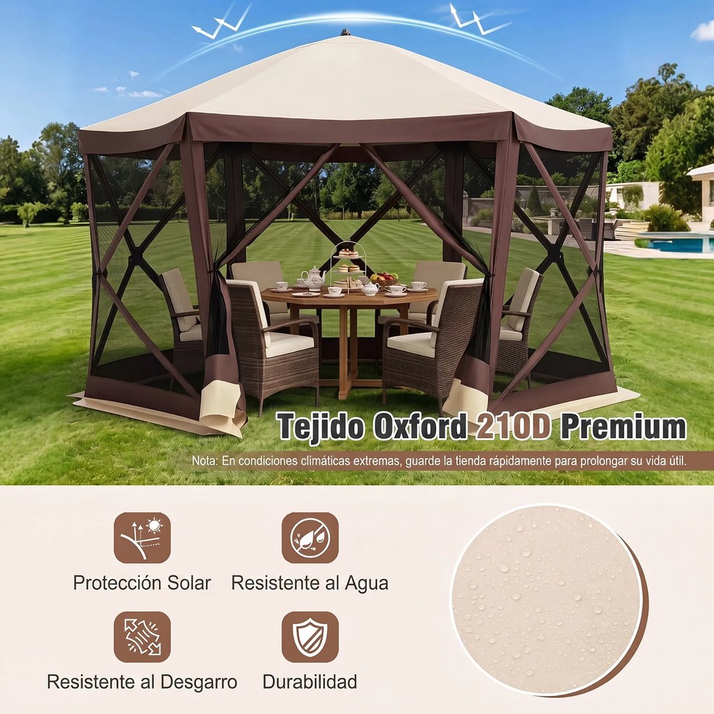 Tenda de Jardim Hexagonal, 355 x 300 x 230 cm, Montagem Rápida, Castanho