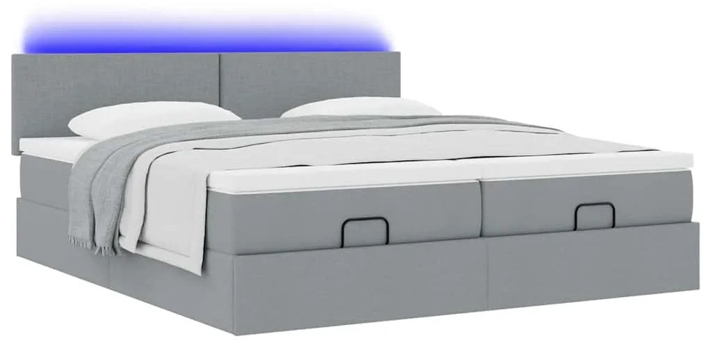 Estrutura de cama otomana com colchões tecido cinzento claro