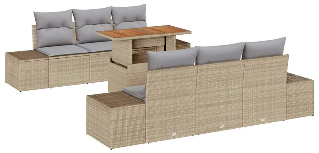 Conjunto de Jantar de Jardim 7 Peças com Almofadas Beges, em Rattan e