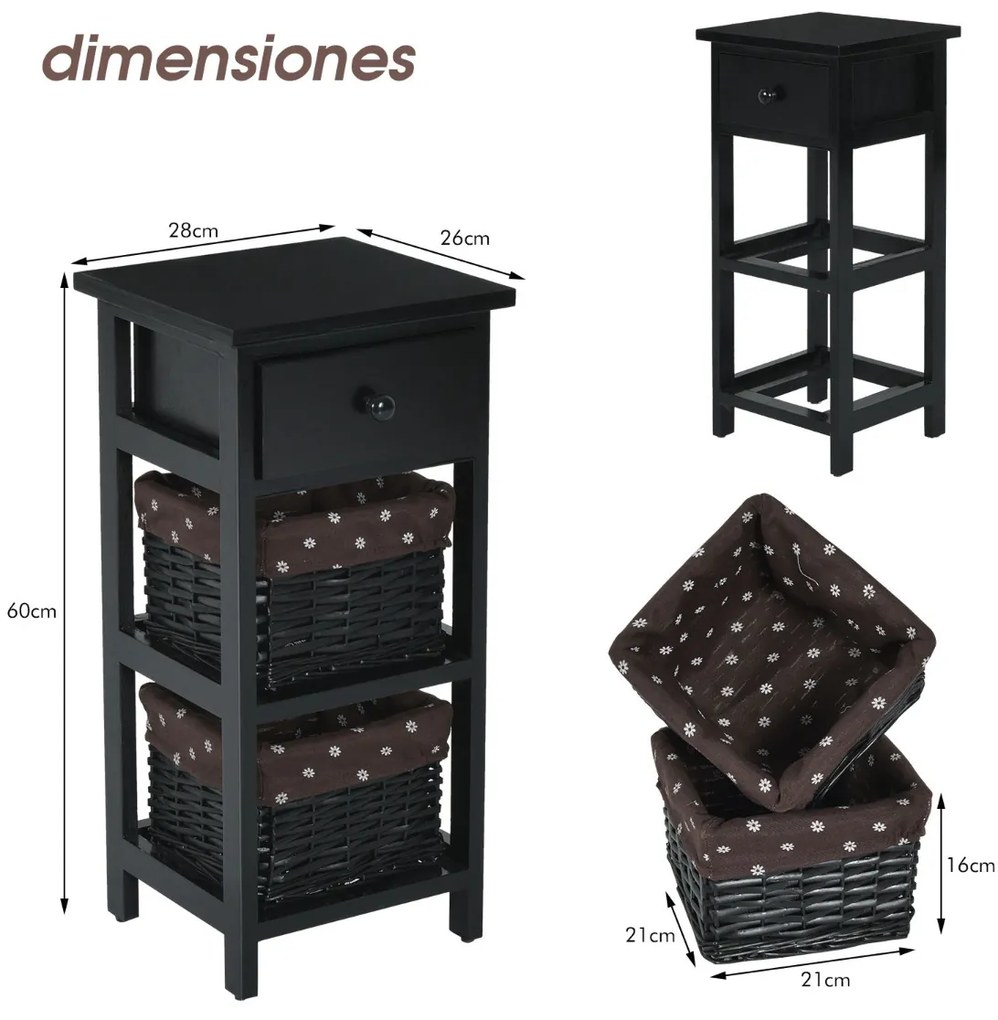 Conjunto de 2 mesas de cabeceira modernas com 1 gaveta e 2 caixas organizadoras para casa sala quarto  28 x 26 x 59,5 cm preto