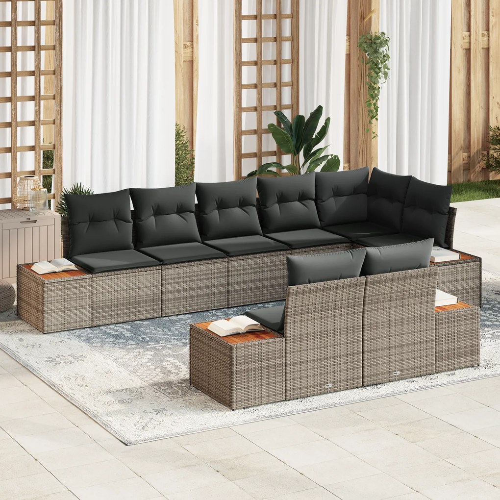 vidaXL Sofá de Jardim 8 Peças com Almofadas - Rattan Polímero Cinza e Madeira de Acácia
