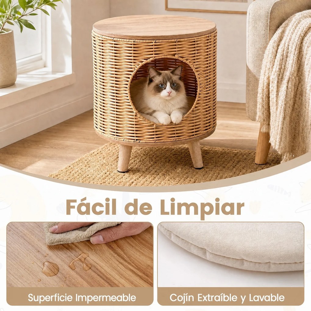 Casa para Gatos, 36 x 36 x 41 cm, Mesa de Apoio e Cama, Natural