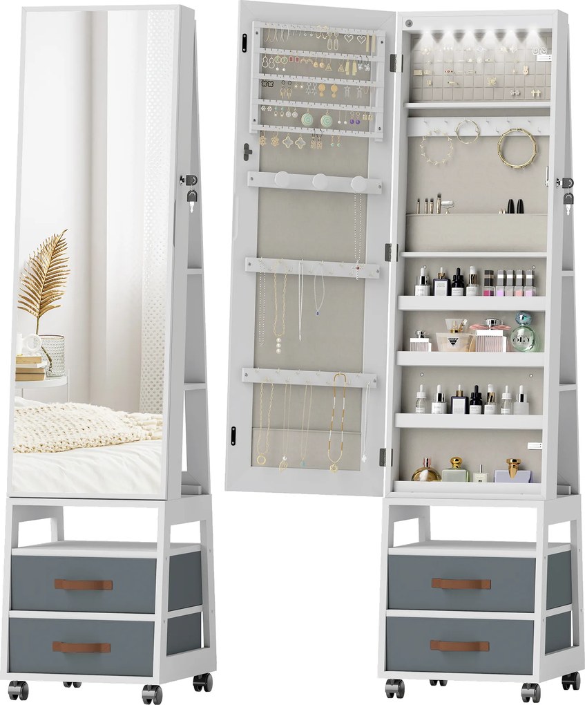HOMCOM Espelho Armário de Jóias com Luzes LED Rodas Giratórias 360° Prateleiras Abertas Gavetas de Tecido Branco | Aosom Portugal
