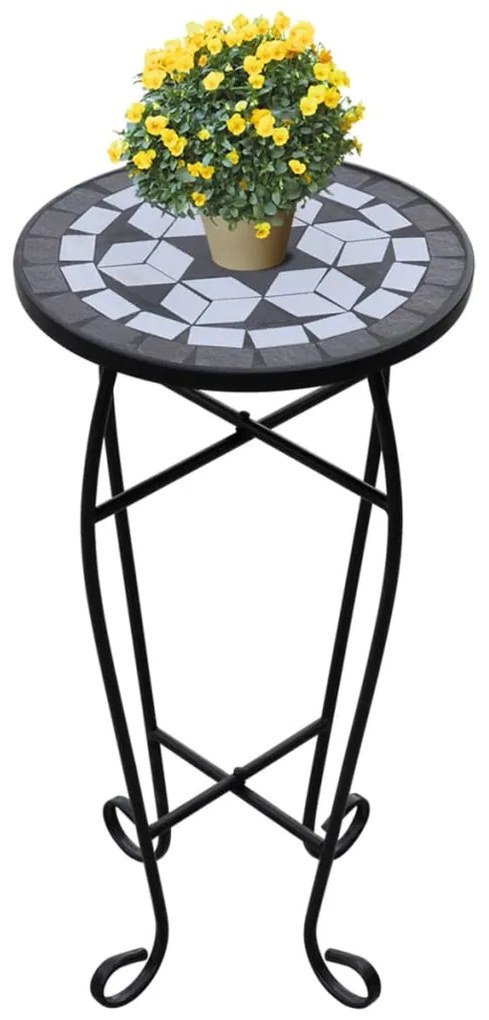 Mesa de apoio para plantas em mosaico preto e branco