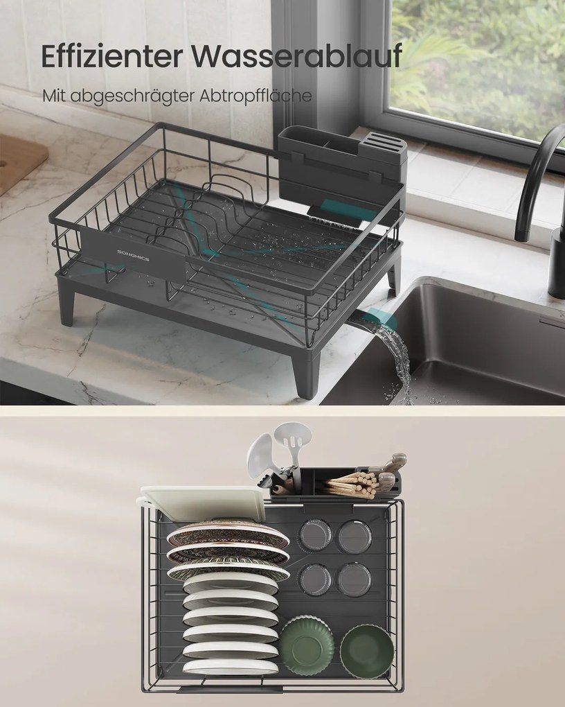 Escorredor louça giratório 31 x 42 x 18,5 cm com tabuleiro e suporte para talheres cinza antracite