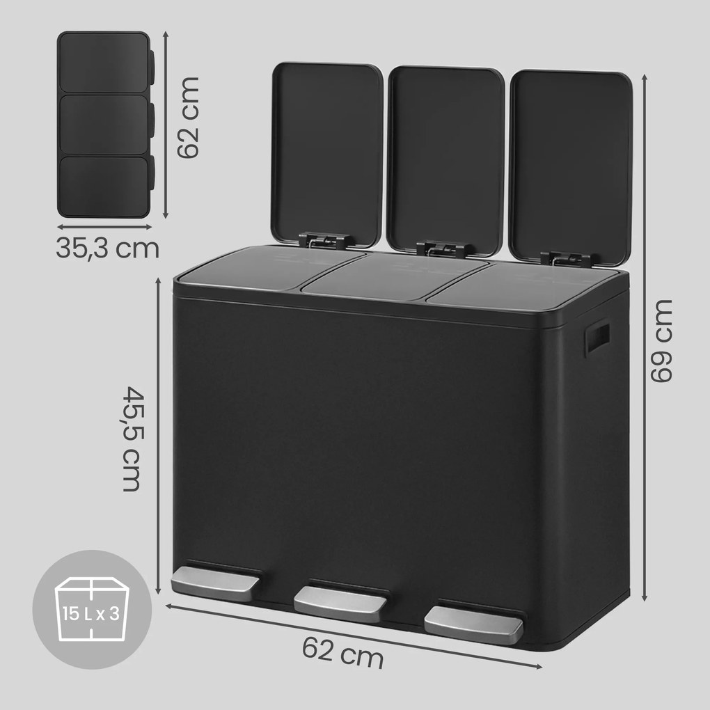 Caixote do lixo com 3 compartimentos, caixote do lixo de 3 x 15 L, 62 x 35,3 x 45,5 cm com pedal e tampa com fecho suave Preto