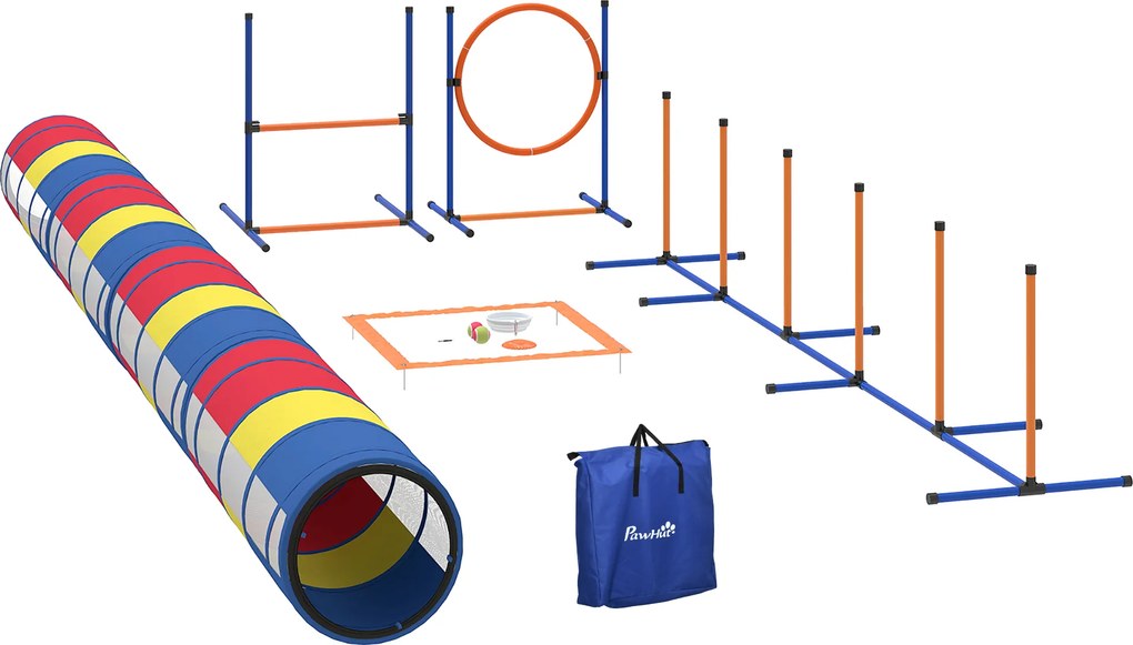 PawHut Equipamento de Agilidade para Cão 12 Peças, 4 Túnels, Saltos Ajustáveis, Aro, Slaloms, 357x65x68cm, Multicolorido | Aosom Portugal