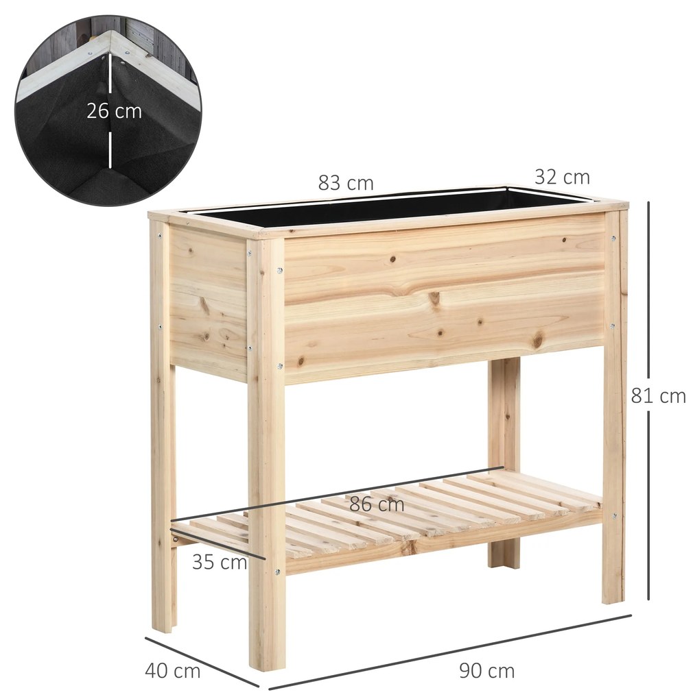 Horta Vertical Elevada com Prateleira 90x40x81cm Mesa de Cultivo de Madeira com Tecido não Tecido para Cultivos de Plantas Flores Madeira