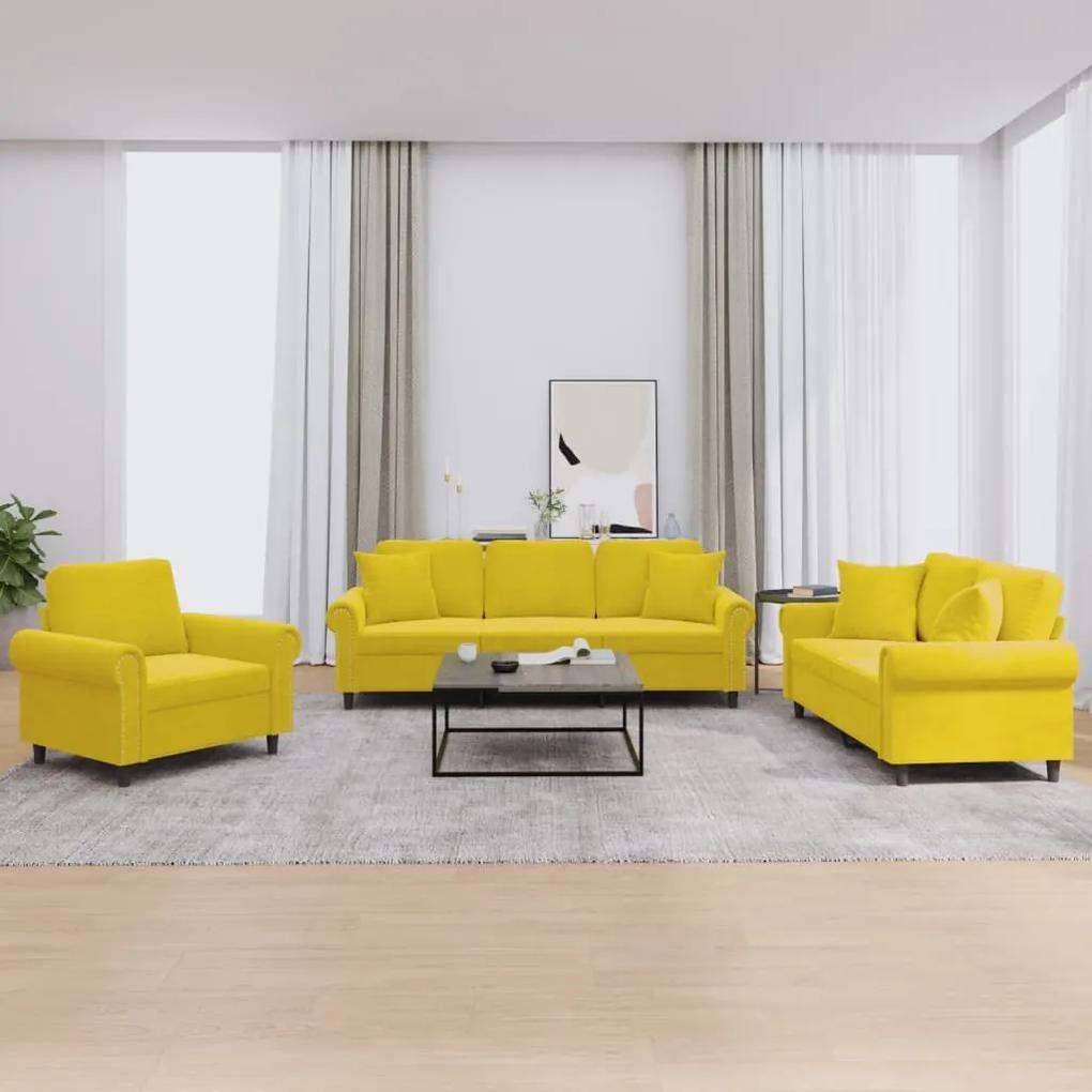 3202196 vidaXL 3 pcs conjunto de sofás com almofadas veludo amarelo